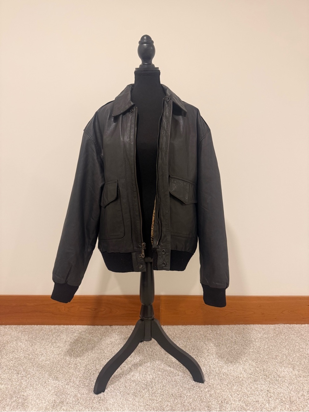Vintage Black Leather Bomber Jacket